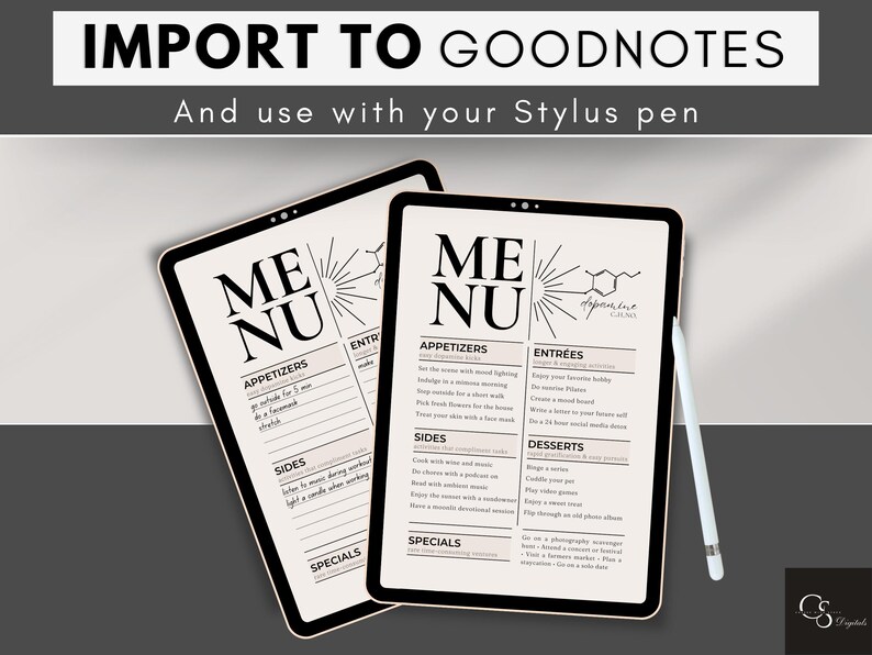 The Dopamine Menu can be used digitally by importing it to Goodnotes or a similar platform and using it with your Stylus pen.