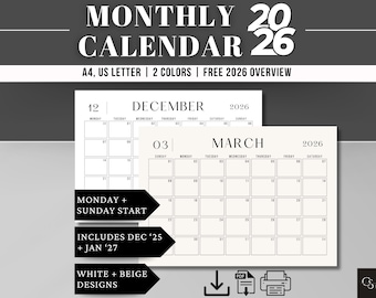 2026 Monthly Calendar Printable: Minimalist Landscape Planner, Sunday Monday Start, A4 & US Letter, Yearly Calendar