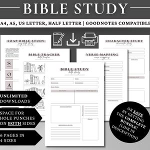 Peut inclure: Pages imprimables d'étude biblique en quatre tailles : A4, A5, US Letter et Half Letter. Les pages comprennent des sections pour l'étude biblique SOAP, le suivi biblique, l'étude des personnages et la cartographie des versets. Les pages sont compatibles avec GoodNotes.