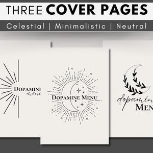 The theme is celestial, minimalistic, and neutral. The first cover is half the sun with the title, and the second and third have a moon illustration with the title Dopamine Menu.