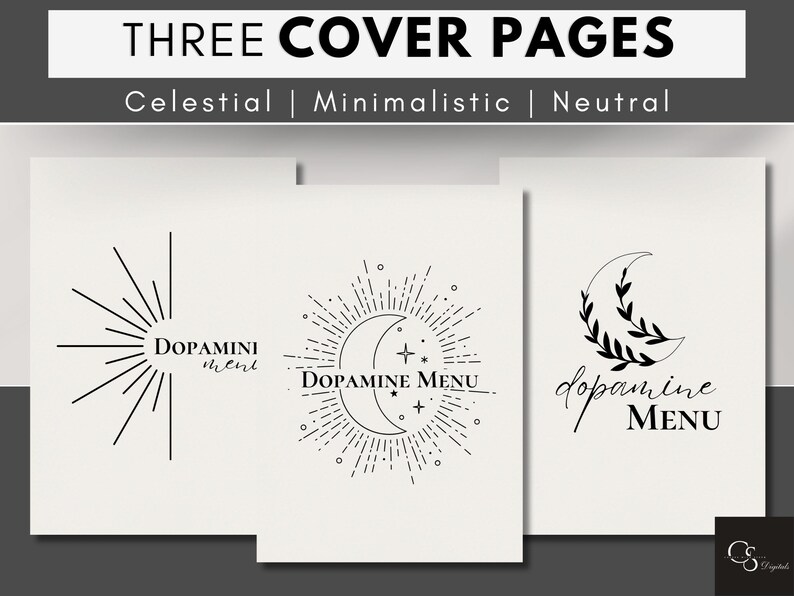 The theme is celestial, minimalistic, and neutral. The first cover is half the sun with the title, and the second and third have a moon illustration with the title Dopamine Menu.