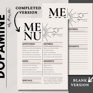 The dopamine menu is divided into the appetizers - easy dopamine kicks, entrees - longer activities, sides - activities complementing tasks, desserts - instant gratification and easy pursuits, and specials - rare time-consuming activities.