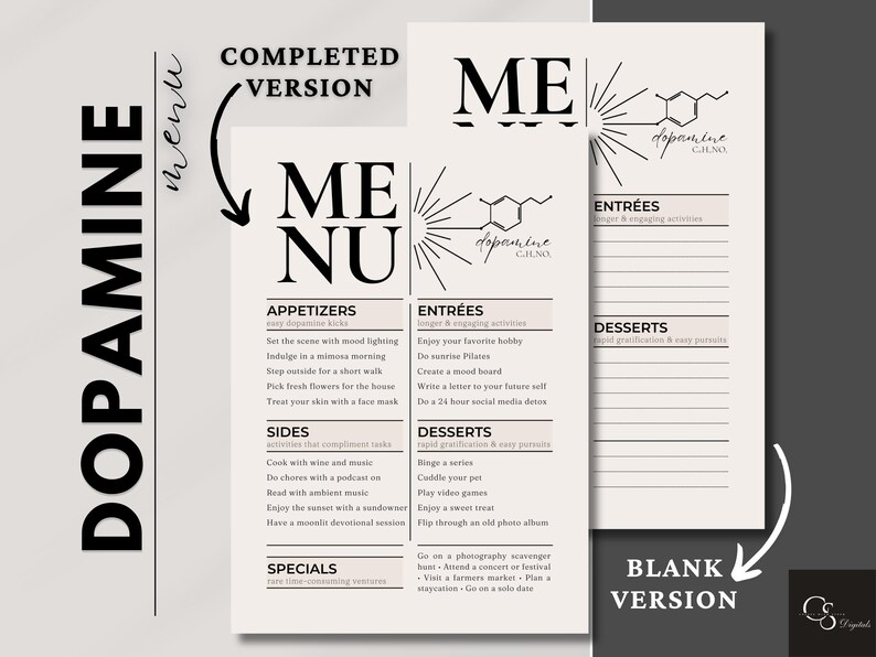 The dopamine menu is divided into the appetizers - easy dopamine kicks, entrees - longer activities, sides - activities complementing tasks, desserts - instant gratification and easy pursuits, and specials - rare time-consuming activities.