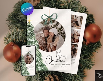 2025 Christmas Photo Card Template, Classic Green Watercolor Tree Holiday Card Printable, Editable Canva Two-Sided Neutral Friendsmas Cards