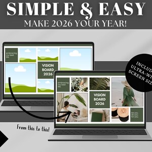 See the transformation! Instantly turn a blank Canva template into a personalized vision board masterpiece. Add your images, quotes, and colors to create something that truly represents your goals. Works perfectly on wide laptop screens. Instant access after purchase — no waiting, just designing!