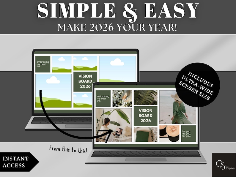 See the transformation! Instantly turn a blank Canva template into a personalized vision board masterpiece. Add your images, quotes, and colors to create something that truly represents your goals. Works perfectly on wide laptop screens. Instant access after purchase — no waiting, just designing!