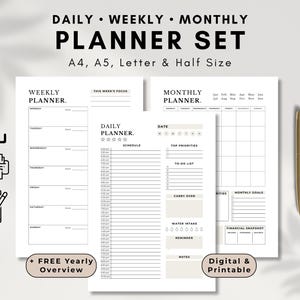 May include: A planner set with the text "DAILY WEEKLY MONTHLY PLANNER SET" in black. The set includes daily, weekly, and monthly planner pages, with a gold pen on the right. The planner set is available in A4, A5, Letter & Half Size.