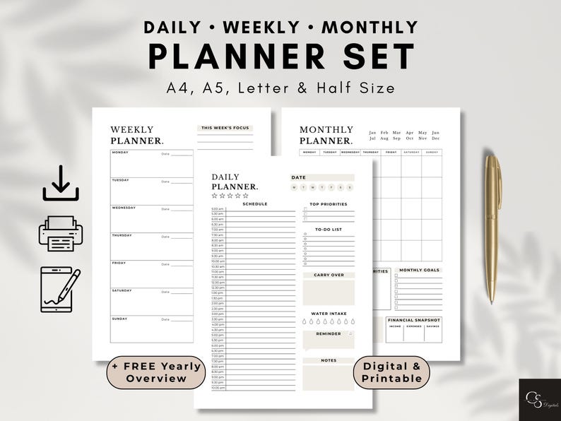 Daily Weekly Monthly Planner Inserts, Printable Digital Productivity ...