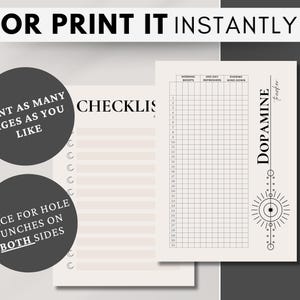 The PDF can be printed as many times as you like, and there is space for hole punches on both sides. Here, the dopamine tracker and checklist are being illustrated.