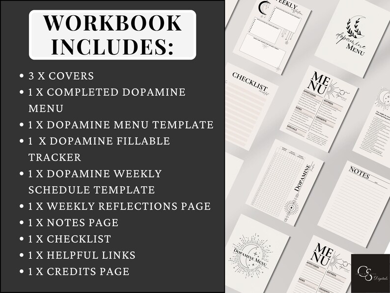 The workbook includes: 3 cover pages, completed dopamine menu, dopamine menu template, weekly schedule, weekly reflections page, notes page, checklist, helpful links, and a credits page.