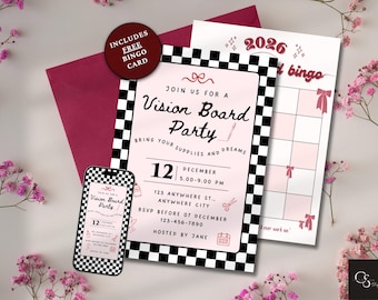 2026 Vision Board Party Invitation, New Year Bingo Card Printable, Girls Night Mood Board E-vite, Canva Digital New Years Invite Template