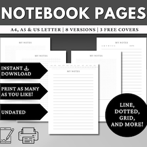 Printable Notebook Pages Bundle Lined Paper Dotted Grid Notes Printable Pages For Students A4, A5, Letter Size Note Taking Pages Printable
