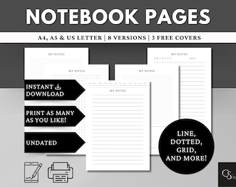 Pacchetto di pagine per quaderno stampabili: a righe, a griglia punteggiata e bianche (formati A4, A5, Letter) (Download digitale)