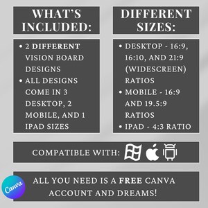 Everything you need to create your dream vision board! Includes 16 aesthetic designs in multiple sizes and ratios (Desktop 16:9, 16:10, and 21:9. iPad 4:3. Phone 19.5:9 and 16:9). Perfect for desktop wallpapers, and phone/iPad backgrounds. Fully compatible with Canva, so you can start visualizing your goals instantly! All you need is a free Canva account.