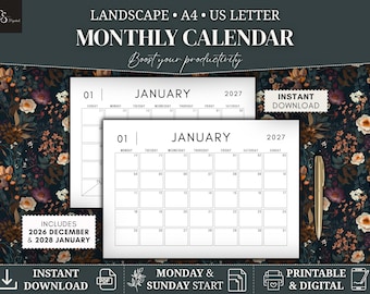 2027 Monthly Calendar Printable, Minimalist Landscape Planner, Sunday & Monday Start, Digital and Printable Calendar 2027, A4 US Letter