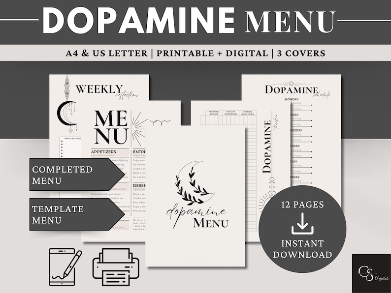 A thumbnail for a Dopamine Menu. It comes in 2 sizes (A4 & US Letter) and it can be used digitally or printed. It showcases one cover, the menu, dopamine tracker, dopamine schedule page, and the weekly reflection. You will receive 12 pages instantly.