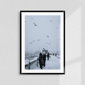 Snowy Istanbul Wall Art – Galata Bridge Winter Street Photography, Blue Hour Urban Print, Turkish Cityscape Digital Download