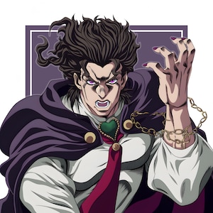 May include: Illustration of a character with dark, wavy hair, purple eyes, and a stern expression. The character wears a dark purple cape over a white shirt, adorned with a green heart-shaped pendant and gold accents. A gold chain encircles the wrist.