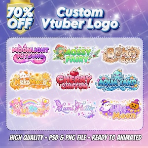 May include: A promotional image for custom Vtuber logos. The image features nine colorful logo designs with names like "Moonlight Kitsune" and "Cherry Chiffon." Text includes "70% OFF" and "Custom Vtuber Logo."