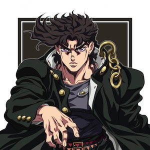 May include: Illustration of a character with dark, spiky hair and a stern expression. The character wears a black coat with gold buttons, a gray shirt, and a decorative belt. A gold chain hangs from the coat. The background is a dark brown square.