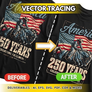 Pode incluir: Um gráfico de t-shirt preta mostrando uma versão pixelizada à esquerda e uma versão vetorial suave à direita. Ambos apresentam um cowboy montado num cavalo em frente a uma bandeira americana com o texto America, 250 Years e Celebrating Freedom.