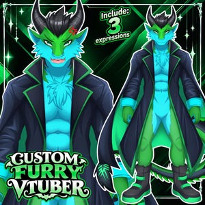 May include: A digital illustration of a green and blue anthropomorphic dragon character wearing a long dark coat and boots. The character has horns and a tail. Text on the image reads: CUSTOM FURRY VTUBER and Include: 3 expressions.