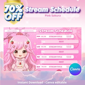 Peut inclure: Modèle de planning de stream numérique rose et blanc avec une illustration de fille de style anime. Le modèle comprend un planning hebdomadaire avec des créneaux horaires et des espaces pour les titres de stream. Texte : "Stream Schedule" et "Canva editable".
