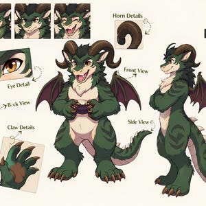 Referentieblad voor Monster Furry in opdracht | Gepersonaliseerde Sparkledog Scalie concepttekening | Ontwerp van een mythisch fantasiebeest