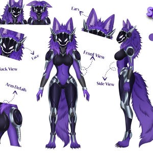 May include: A digital character reference sheet featuring a purple and black anthropomorphic creature with a robotic visor face, pointed ears, and a large tail. The sheet displays front, back, and side views, facial expressions, and arm details with the text Owned by Spencer Kauffold.