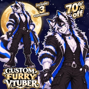 May include: An anthropomorphic wolf character with black, white, and blue fur wearing a black vest, cargo pants, and a fur-lined coat. Text includes 'Include: 3 expressions', '70% off', and 'CUSTOM FURRY VTUBER' against a full moon background.