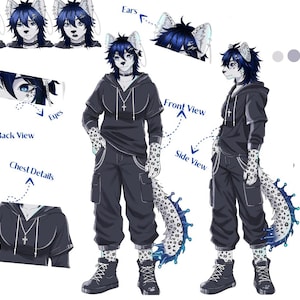 May include: A digital character reference sheet featuring an anthropomorphic creature with dark blue hair, leopard-print limbs, and a long tail with blue aquatic accents. The character wears a black hoodie, cargo pants, and boots, shown from multiple angles.