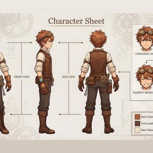 May include: Illustration of a character sheet featuring a steampunk design. The character is shown in front, side, and rear views, wearing a brown vest, goggles, gloves, and boots. Facial expressions are also displayed. The text "Character Sheet" is at the top.