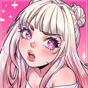 May include: Digital illustration of a young woman with long, light pink hair styled in a bun and bangs. Her large eyes are pink with star-shaped pupils. She has rosy cheeks and a surprised expression, set against a pink background.