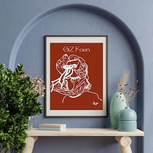 Peut inclure: Un dessin au trait blanc d'une tête de personne avec un chapeau sur un fond rouge. Le texte "Giz Foen" est en haut de l'image.