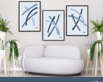 Set of 3 BOHO style abstract line posters in blue tones, printable wall art, bedroom decor, entryway, living room, office