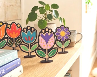 Fleurs Décoratives en Bois Folk Art Peintes à la Main | Kits DIY & Déco Prêts à Afficher