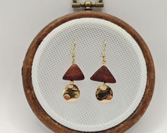 Upcycled wooden bead earrings and gold pendant - stainless steel ear hook
