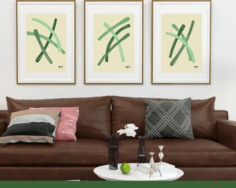 Set of 3 BOHO style abstract line posters in green tones, printable wall art, bedroom decor, entryway, living room, office