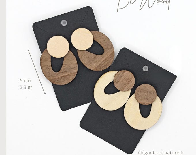 Boucles d'oreilles artisanales en bois – Tilleul & Noyer, ultra légères, attaches acier inoxydable