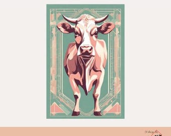 Cow in vogue 6 - Art deco style cow painting to download instantly - Digital art - Interior decoration - AI art - Design