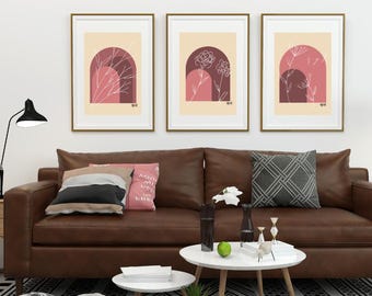 Ensemble de 3 affiches d'art abstrait style BOHO dans les tons rose, art mural imprimable, décor mural de chambre, entrée, salon, bureau