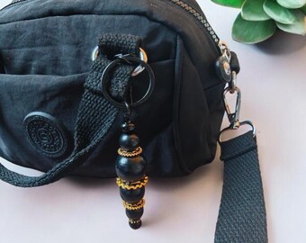 Bag charm and key ring made from upcycled wooden beads and metal gears