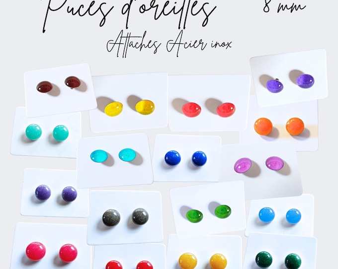 Puces d'oreilles minimalistes – Gouttes 8 mm en résine époxy, montées sur acier inox