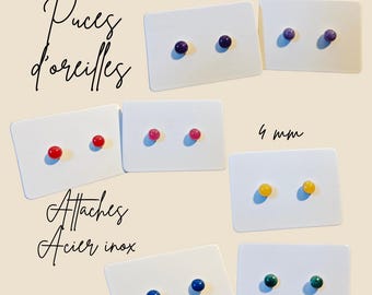 4mm ear studs - small, plain colored drops, in epoxy resin, delicately placed on stainless steel fasteners