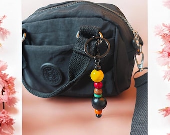 Bag charm and key ring made from upcycled wooden beads.