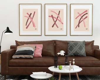 Ensemble de 3 affiches de lignes abstraites style BOHO dans les tons rose, art mural imprimable, décor de chambre, entrée, salon, bureau