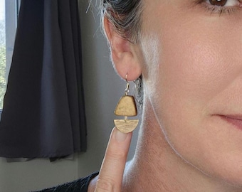 Upcycled wooden bead earrings and gold pendant - stainless steel ear hook
