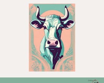 Vogue Cow 2 - Instant Download Art Deco Cow Digital Poster - Digital Art - Home Decor - AI Art - Design