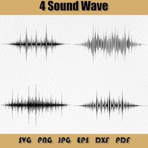 Puede incluir: Gráfico en blanco y negro con cuatro diseños de ondas de sonido. El texto "4 Sound Wave" está en la parte superior, con opciones de tipo de archivo como SVG, PNG, JPG, EPS, DXF y PDF en la parte inferior.