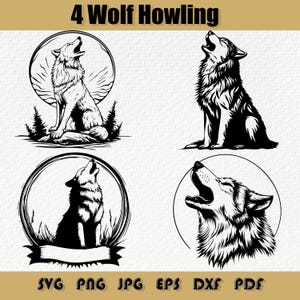 May include: Four black and white illustrations of howling wolves. Each wolf is depicted in a different pose, some within circular frames. The text "4 Wolf Howling" is at the top, with file type abbreviations at the bottom.